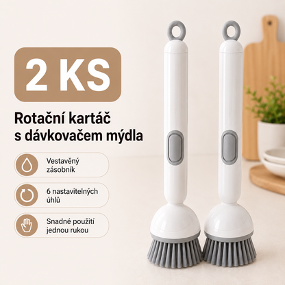 PKNEW®🍇 Chytrý kuchyňský kartáč s dávkovačem saponátu 🧽 – otočná hlavice pro snadné čištění hrnců, pánví a nádobí jednou rukou 💧