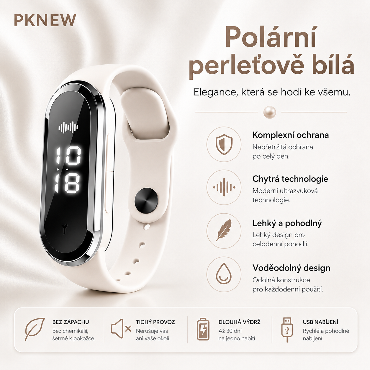 PKNEW® Chytrý ultrazvukový náramek proti komárům🍇 – 3 inteligentní režimy, digitální displej a výdrž až 7 dní na jedno nabití ⚡ Pro zahradu, cestování, kempování i pohodové letní večery 🌿