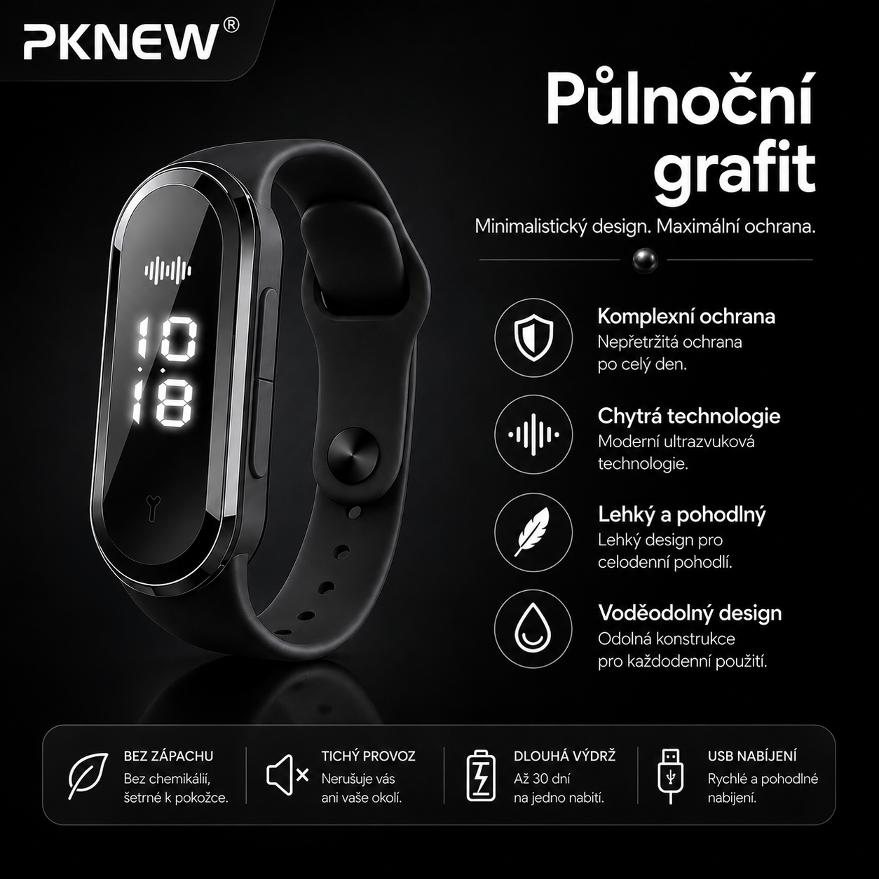 PKNEW® Chytrý ultrazvukový náramek proti komárům🍇 – 3 inteligentní režimy, digitální displej a výdrž až 7 dní na jedno nabití ⚡ Pro zahradu, cestování, kempování i pohodové letní večery 🌿