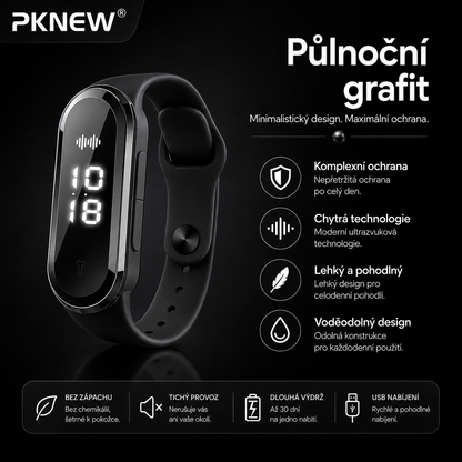 PKNEW® Chytrý ultrazvukový náramek proti komárům🍇 – 3 inteligentní režimy, digitální displej a výdrž až 7 dní na jedno nabití ⚡ Pro zahradu, cestování, kempování i pohodové letní večery 🌿
