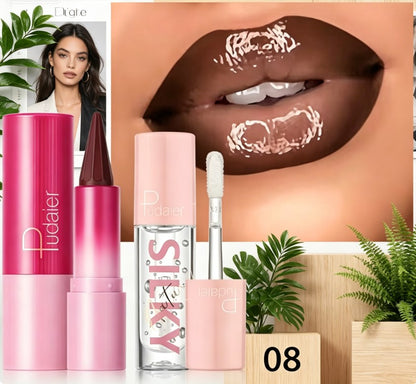 Moisturizing Liquid Lip Set with Lip Balm Oil & Smooth Lipstick | High-Pigment Smudge-Proof Lip Gloss Duo