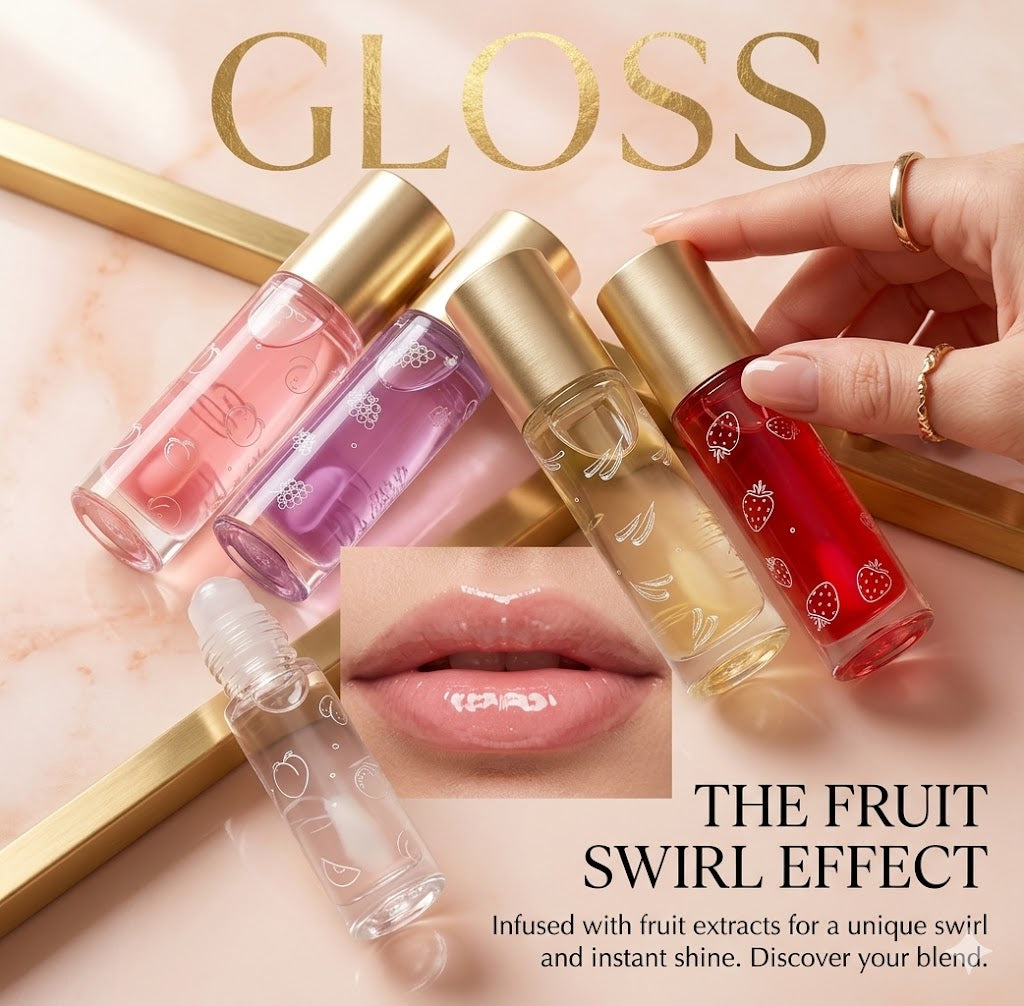 Natural Fruit Flavored Lip Glow Oil | Non-Sticky Roll-On Lip Glaze & Nourishing Base Balm Set for Plump Lips